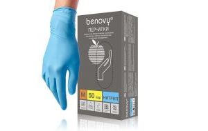 Перчатки Benovy нитриловые 50 пар, голубые уплотненные (М)